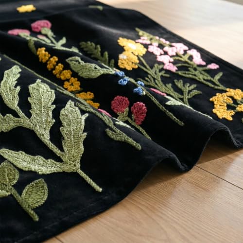 Black Floral Embroidered Table Runner - 13x72 Inch Seasonal Kitchen Decor