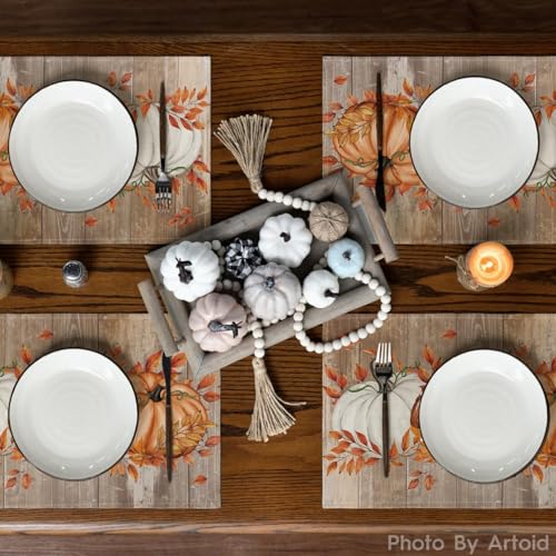 12x18 Inch Fall Leaves & Pumpkin Placemats Set of 6 - Wooden Rectangular