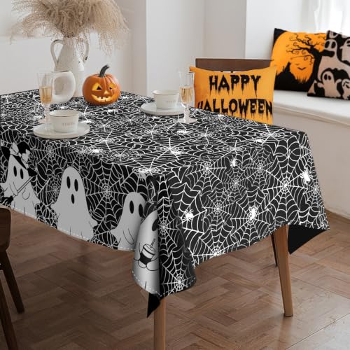 Black Halloween Tablecloth 60x120 Inch Spooky Ghost Spider Web Durable & Washable