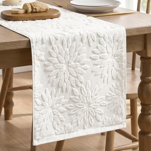 White Cotton 3D Jacquard Dahlia Floral Table Runner 13x72 Inch - Home Decor