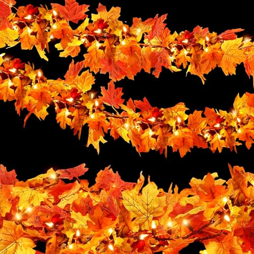 6FT 3-Pack Fall Leaf Garland with Lights - Orange Bulbs for Thanksgiving & Halloween Decor