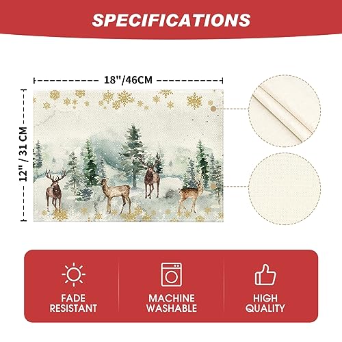 Watercolor Deer Trees Snowflakes Christmas Placemats Set of 12 - 12x18 Inch Seasonal Winter Table Mats, Green, Rectangular