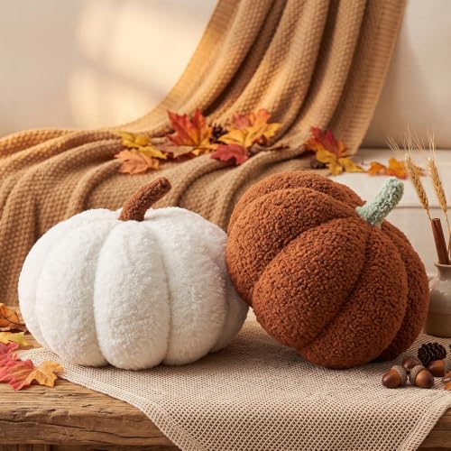 Pumpkin Throw Pillows Set - White and Brown Halloween Fall Decor 11.8 x 6 inches