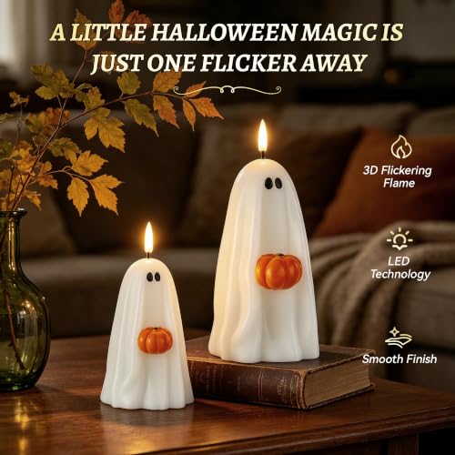 Halloween Ghost Flameless Candles with Remote Control - Real Wax, Timer, Safe Decor