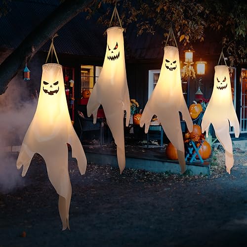 Scary Style Halloween Ghost Windsocks for Trees - Waterproof LED Outdoor Decorations, 4 Pcs
