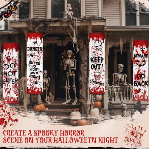 Halloween Horror Warning Banner - Red Warning Signs for Party Decor