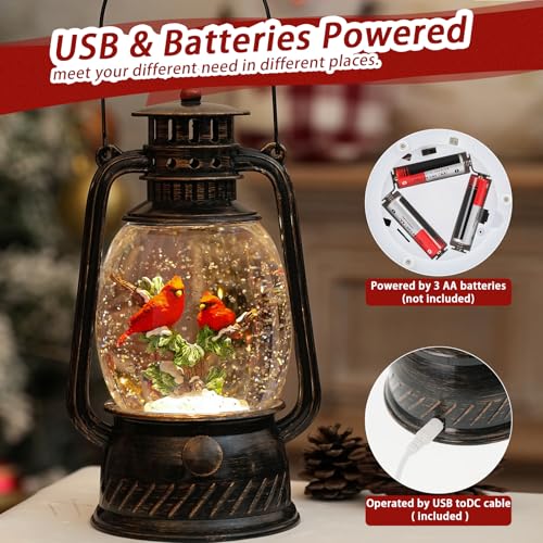 Lighted Musical Cardinal Snow Globe Christmas Decorations - Indoor Lantern with Glitter & 6H Timer - Cardinal Variation