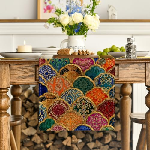 Wave Shape Peacock Feather Lotus Paisley Table Runner - 13x72 Inch Home Decor