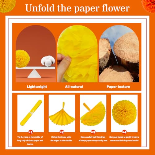 Yellow and Orange Party Pom Poms - 18 Pcs Tissue Paper Decorations