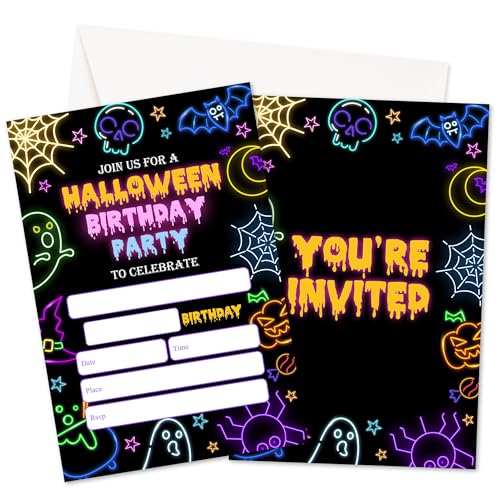 Halloween Birthday Invitations with Envelopes - Cute Ghost Bat Design, 25 Pack