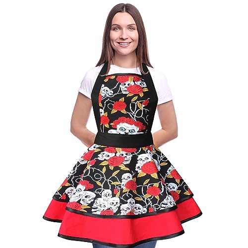 Vintage Halloween Apron for Women - Red Flower Retro Kitchen Dress with Ruffle & Skeleton Design