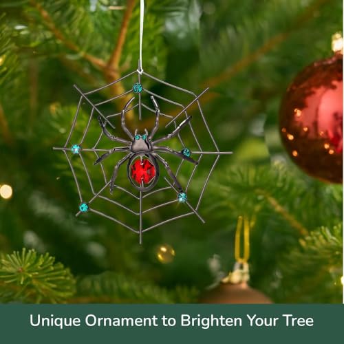 Matashi Black Spider Christmas Tree Ornament with Red and Green Crystals - Hanging Holiday Decor
