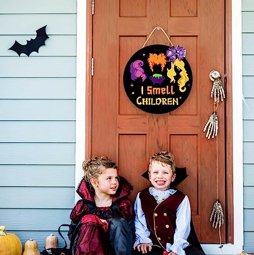 Halloween Wreath Door Sign with Witch Sisters and Bow Decor - Wooden Halloween Door Hanger