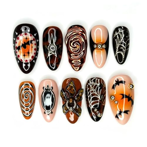 Halloween Press On Nails - Gothic Bat Ghost Spider Web Leopard Flower Design, Gold Rhinestones - Colorful-11