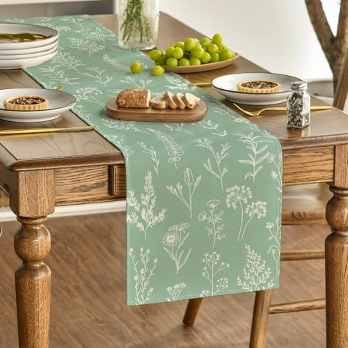 Sage Green Leaves Flowers Spring Table Runner 13x72 Inch - Kitchen Decor