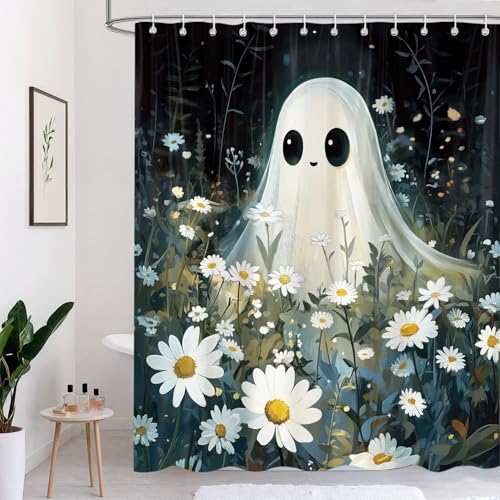 Blue Halloween Shower Curtain with Ghost & Floral Pattern Waterproof Fabric 72x72 Inches with Hooks - Variation of THIS listing