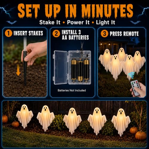 Set of 5 Halloween Lighted Ghost Stakes - Spooky Outdoor Yard Decorations with Remote Control & Timer - 17.7 Inch Glowing Ghost Pathway Lights