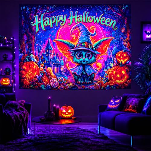 Halloween Wizard Cat UV Reactive Glow Wall Tapestry, 90x70 Inches - Spooky Backdrop