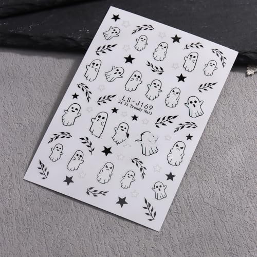 Halloween Nails Stickers with Ghosts & Pink Flowers - Style 26, 6 Sheets