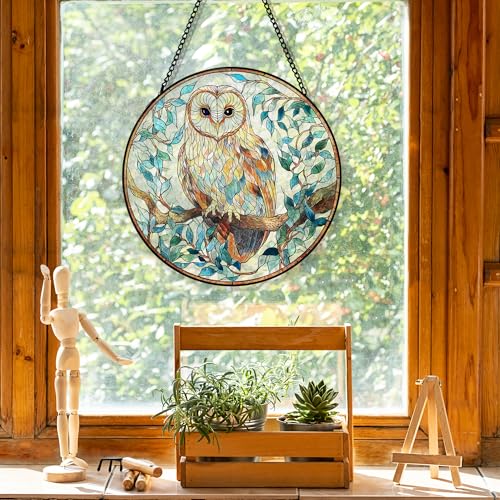 Owl Bird Stained Glass Sun Catcher - Indoor Window Hanging Decor - 7.8 Inches - Variation: Owl