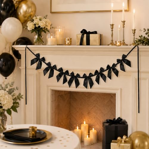 Black Satin Bow Garland - Pre-Strung Party Banner for Celebrations - Black