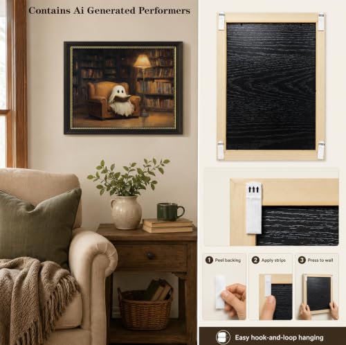 Vbaourut Halloween Ghost Wall Art - Reading Ghost Framed Decor 12x16 Inches - Dark Academia Style