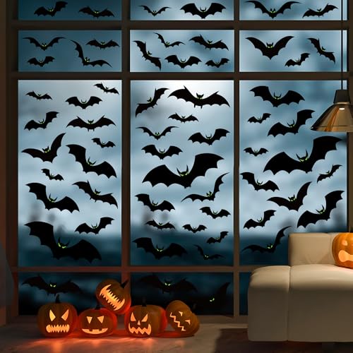 Halloween Window Clings Set - Large Scary Bat Silhouettes with Glow Eyes, Double Sided, 6 Sheets