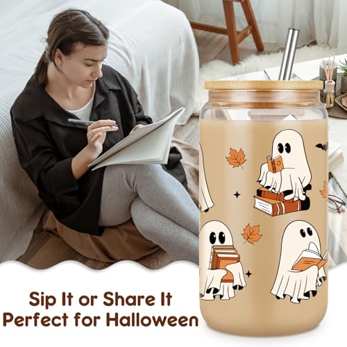 Halloween Ghost Bookish Glass Tumbler - 16oz Spooky Fall Coffee Mug