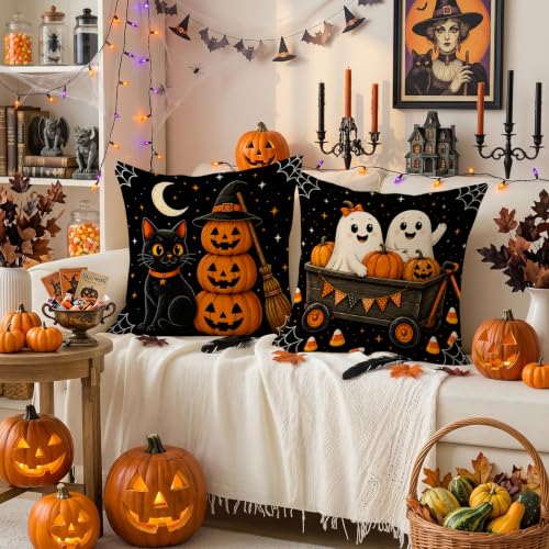 Halloween Throw Pillow Covers 18x18 Inch Set of 4 - Eerie Pumpkin Ghosts Bats
