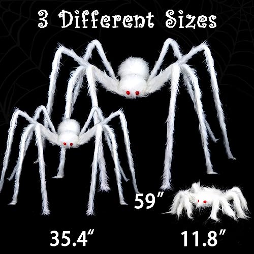 Large White Halloween Hairy Spider Prop - Scary Indoor Outdoor Decor Set of 3