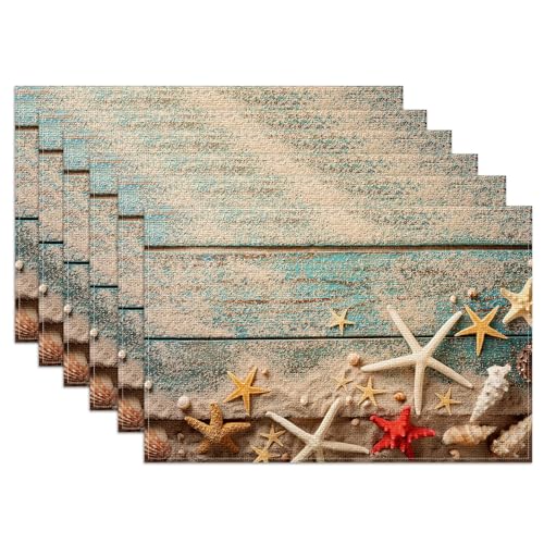 Beach Starfish Placemats Set of 6 - Nautical Linen Table Mats for Kitchen & Dining