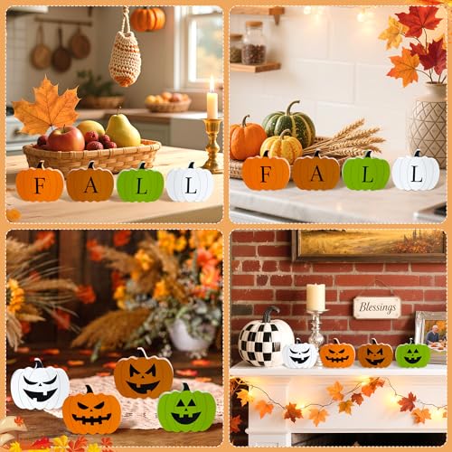 4 PCS Fall Pumpkin Wooden Decor Set - Autumn Halloween Desk Ornaments