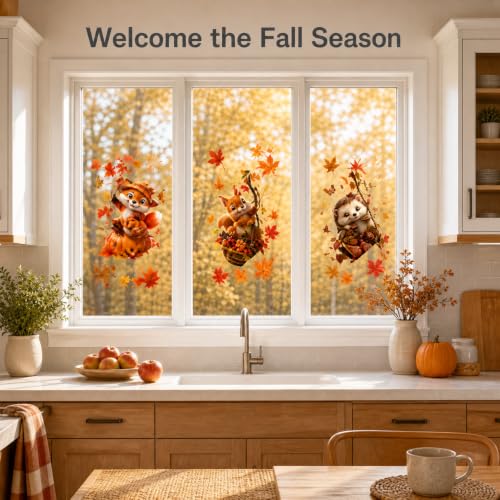 Autumn Window Clings - Forest Animals & Maple Leaves, 3-Piece Set - Static Fall Decor with Variation of This Listing