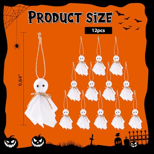 12 Pack Halloween Hanging Ghost Ornaments - 4 Inch Rustic Yard Decor for Haunted House & Party