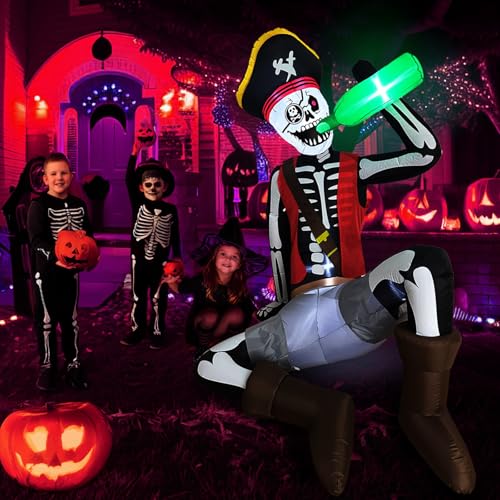 6.5 FT Halloween Inflatable Skeleton Decor with LED Lights, Outdoor Spooky Skeleton with Pirate Theme