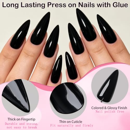 Black Long Stiletto Press-On Nails Kit with Glue & Accessories - 120pcs