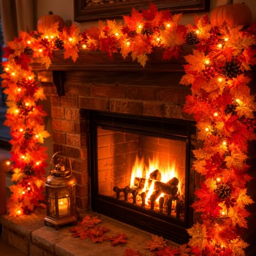 Lush Fall Garland with Pinecones Berries and Lights - 108 Inches, Connectable, UL Certified