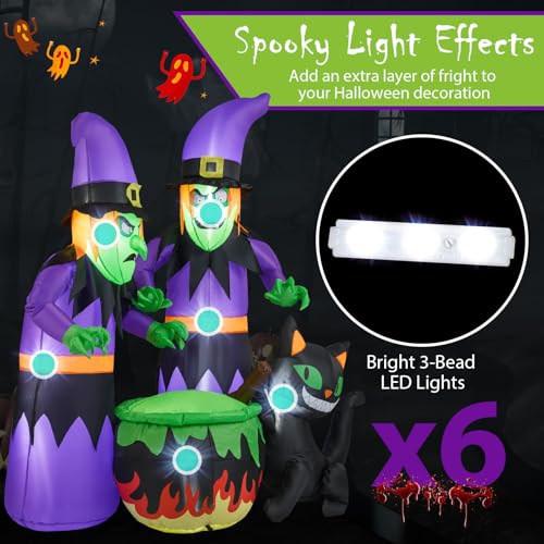 6 Ft Inflatable Halloween Witches & Black Cat Scene with LED Lights, Ground Stakes - Indoor & Outdoor Yard Decor