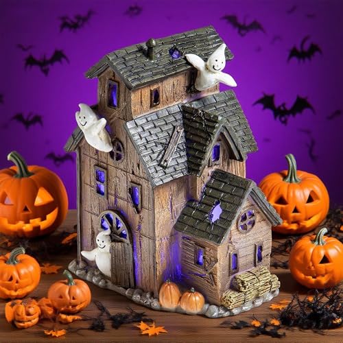 Halloween Haunted House Decor with LED Lights - Resin Spooky Village Figurine