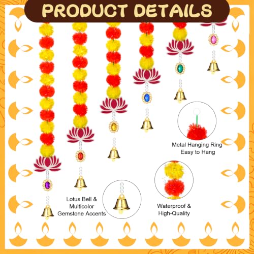 Artificial Marigold Garland with Lotus and Bells - Diwali Festival Decor Set of 6