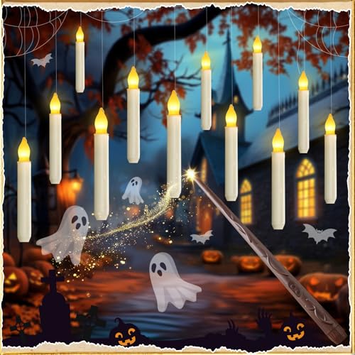Floating Candle Set with Wand Remote - 12 Warm Yellow Flameless LED Candles - Witch Decor