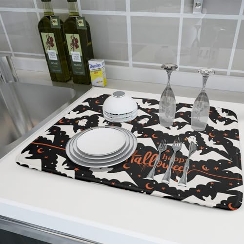 Halloween Drying Mat for Kitchen Counter 18x24 Inches Bat Design - Spooky Bat Dish Pad with Absorbent Microfiber