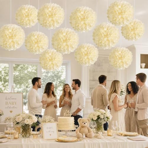 12 Pcs Cream Tissue Paper Pom Poms for Wedding Party Decorations