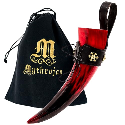 Viking Drinking Horn with Black Leather Holder - 13.5oz Mythrojan Red Witch Variation