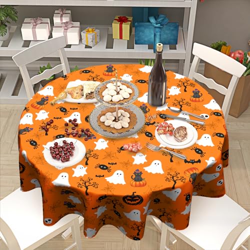 Halloween Round Tablecloth 60 Inch - Fall Pumpkin & Ghost Design for Party & Dining