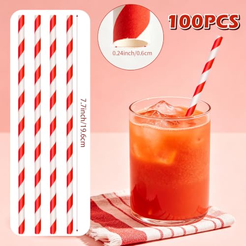 Red Biodegradable Striped Paper Drinking Straws - 100 Pack for Parties