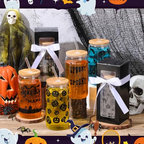 Halloween Glass Cups Set - 12 Spooky Ghost Drinking Glasses with Lids & Straws