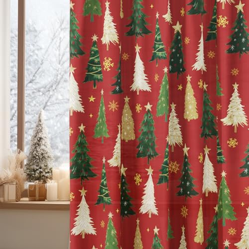 2Pcs Christmas Red Sheer Curtains 52x96in with Xmas Tree Star Foil - Holiday Home Decor