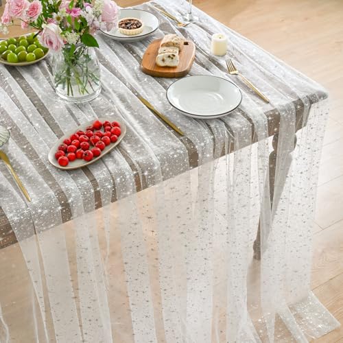 Horaldaily White Silver Star Gauze Tablecloth 60x104 Inch Rectangular