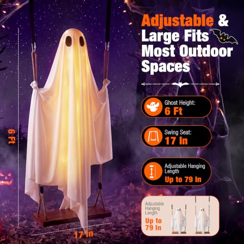 Large 6FT White Swinging Ghost Halloween Yard Decor with 8 Light Modes & Timer